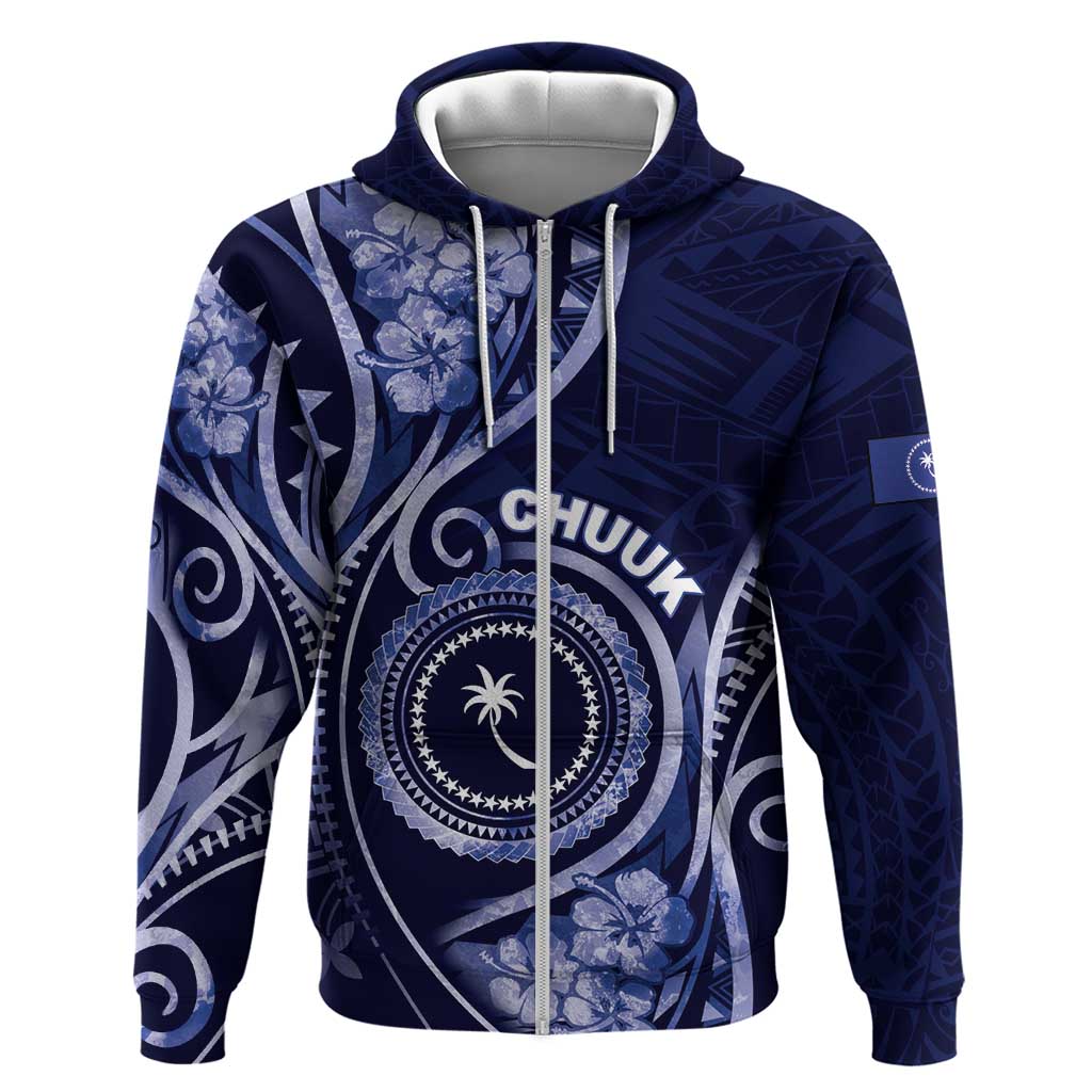 Personalised FSM Chuuk Zip Hoodie Ocean Floral Pattern LT05 Zip Hoodie Navy - Polynesian Pride