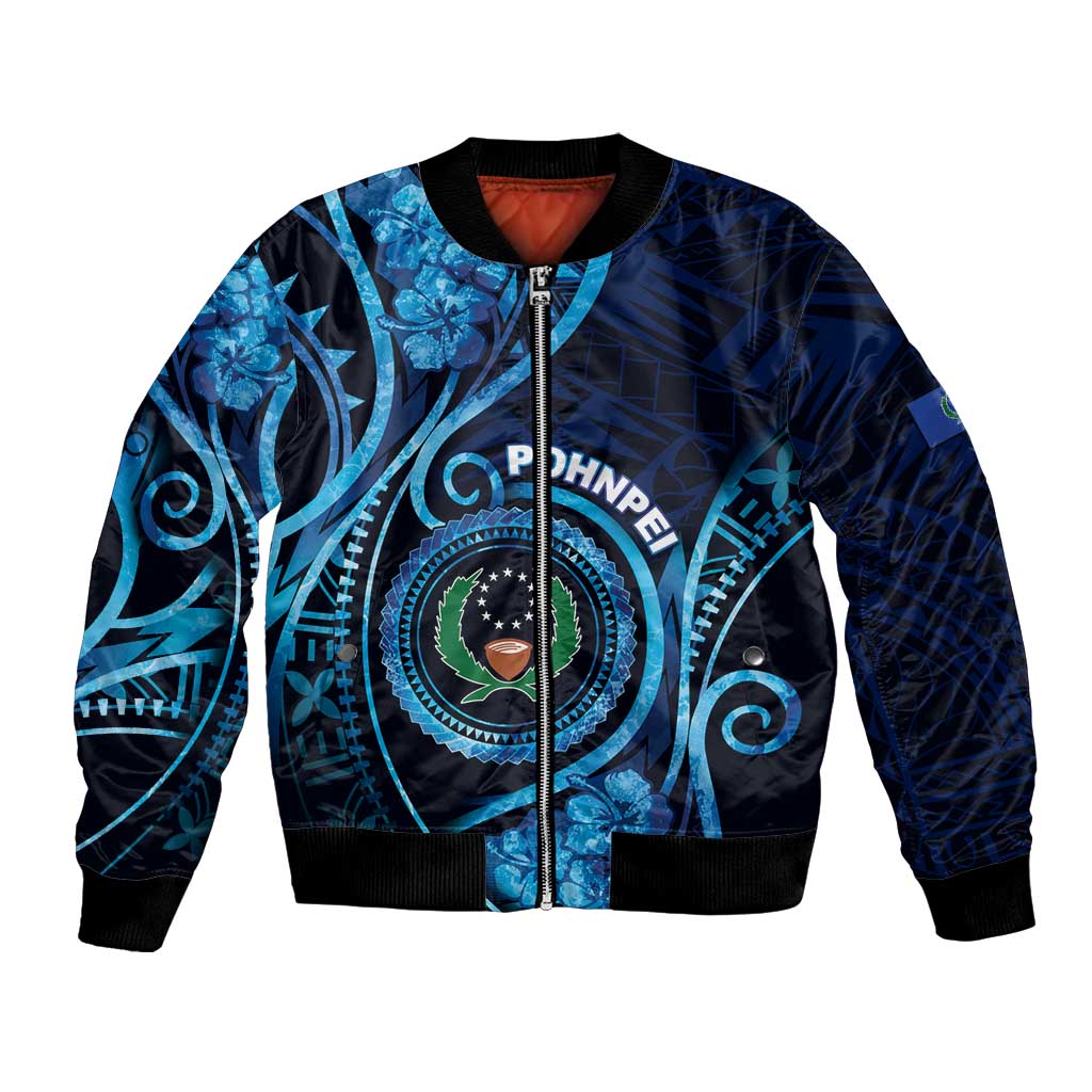 Personalised FSM Pohnpei Bomber Jacket Ocean Floral Pattern LT05 Unisex Blue - Polynesian Pride