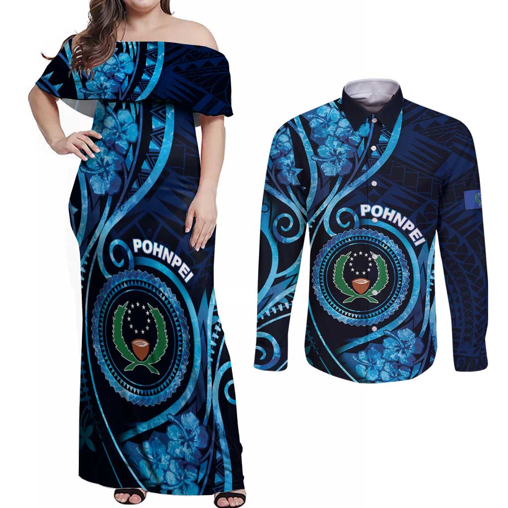 Personalised FSM Pohnpei Couples Matching Off Shoulder Maxi Dress and Long Sleeve Button Shirt Ocean Floral Pattern