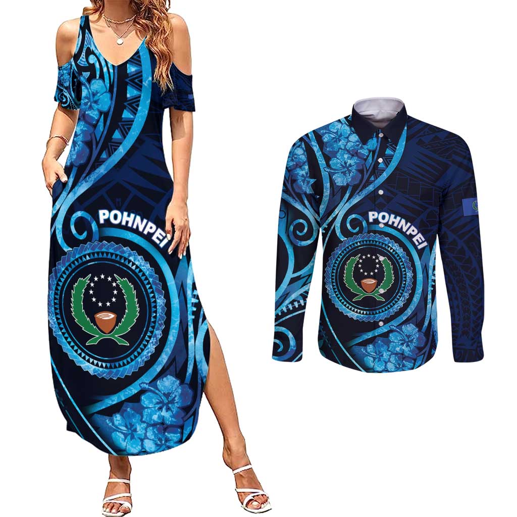 Personalised FSM Pohnpei Couples Matching Summer Maxi Dress and Long Sleeve Button Shirt Ocean Floral Pattern