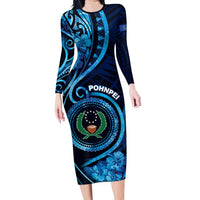 Personalised FSM Pohnpei Long Sleeve Bodycon Dress Ocean Floral Pattern LT05 Long Dress Blue - Polynesian Pride