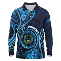 Personalised FSM Pohnpei Long Sleeve Polo Shirt Ocean Floral Pattern LT05 Blue - Polynesian Pride