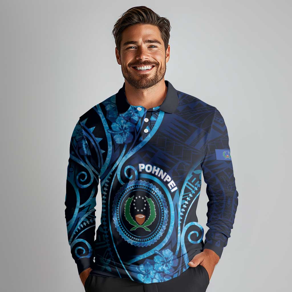 Personalised FSM Pohnpei Long Sleeve Polo Shirt Ocean Floral Pattern LT05 - Polynesian Pride