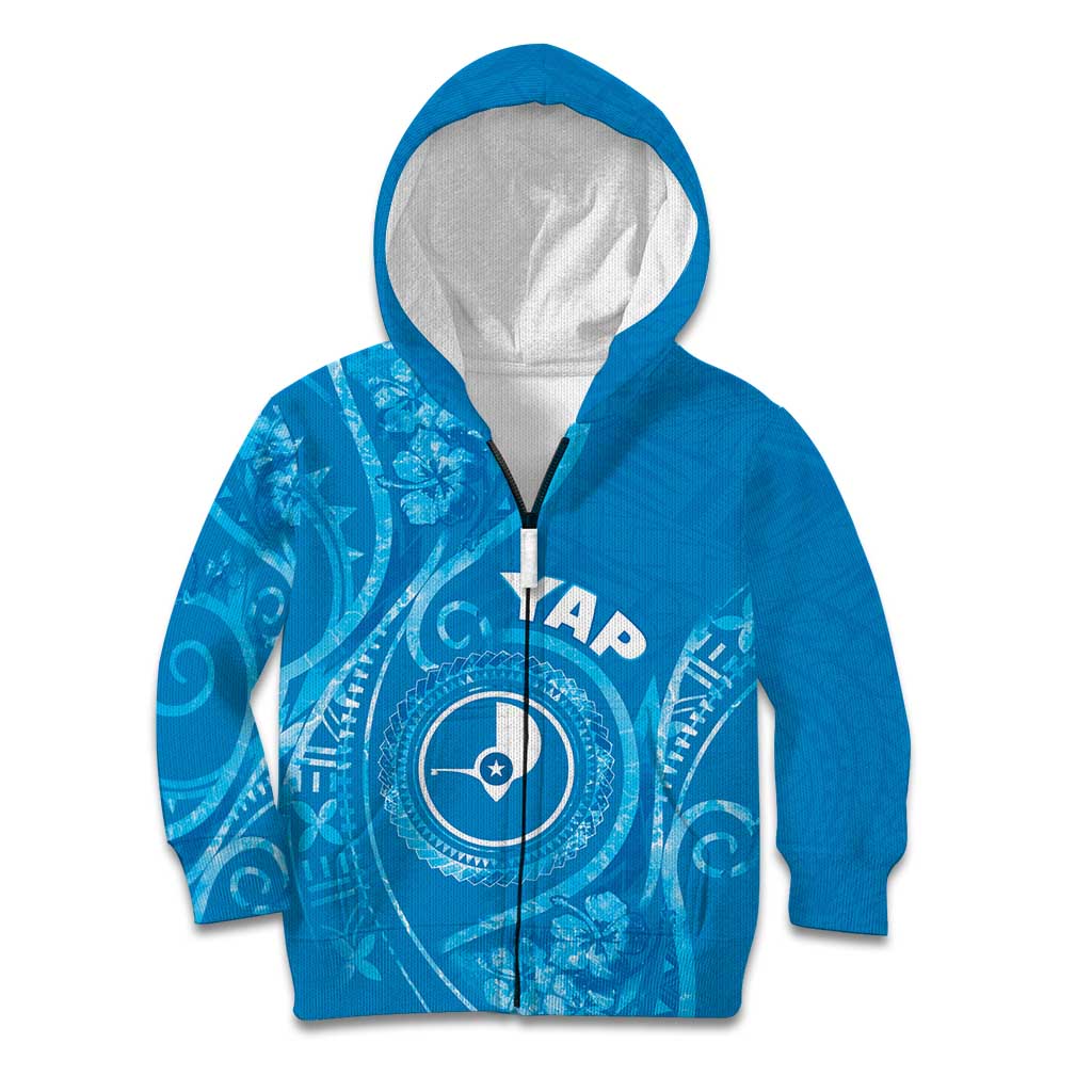 Personalised FSM Yap Kid Hoodie Ocean Floral Pattern LT05 Zip Hoodie Blue - Polynesian Pride