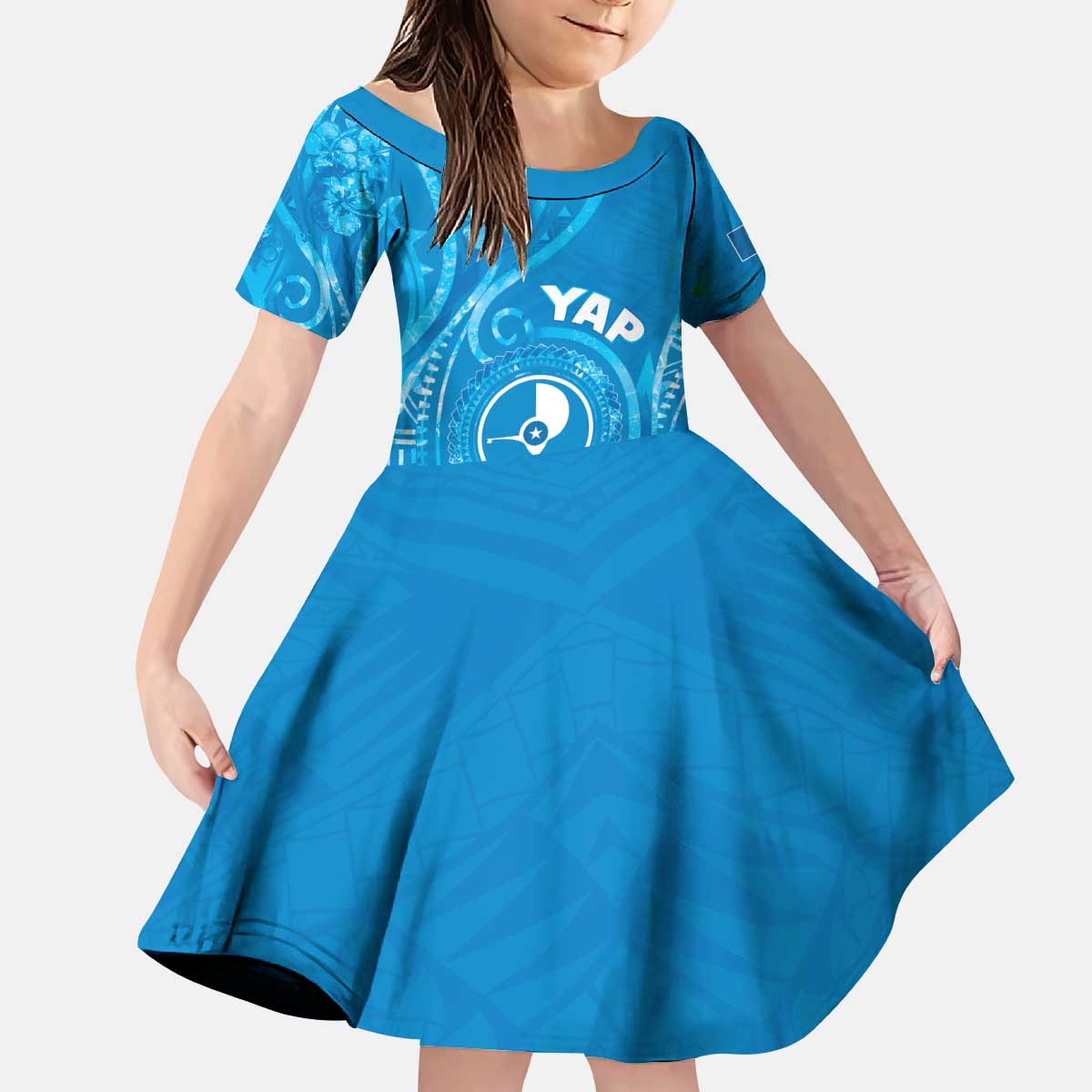 Personalised FSM Yap Kid Short Sleeve Dress Ocean Floral Pattern LT05 KID Blue - Polynesian Pride