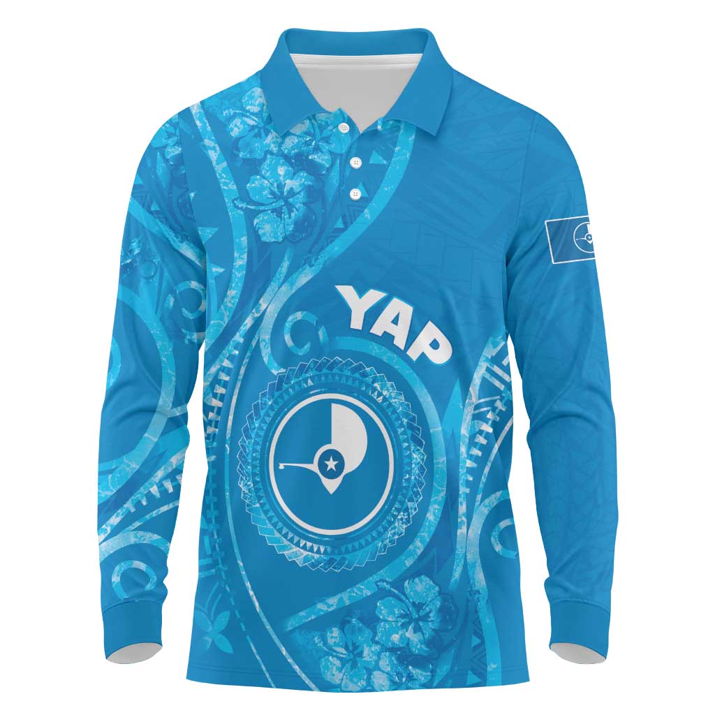Personalised FSM Yap Long Sleeve Polo Shirt Ocean Floral Pattern LT05 Blue - Polynesian Pride