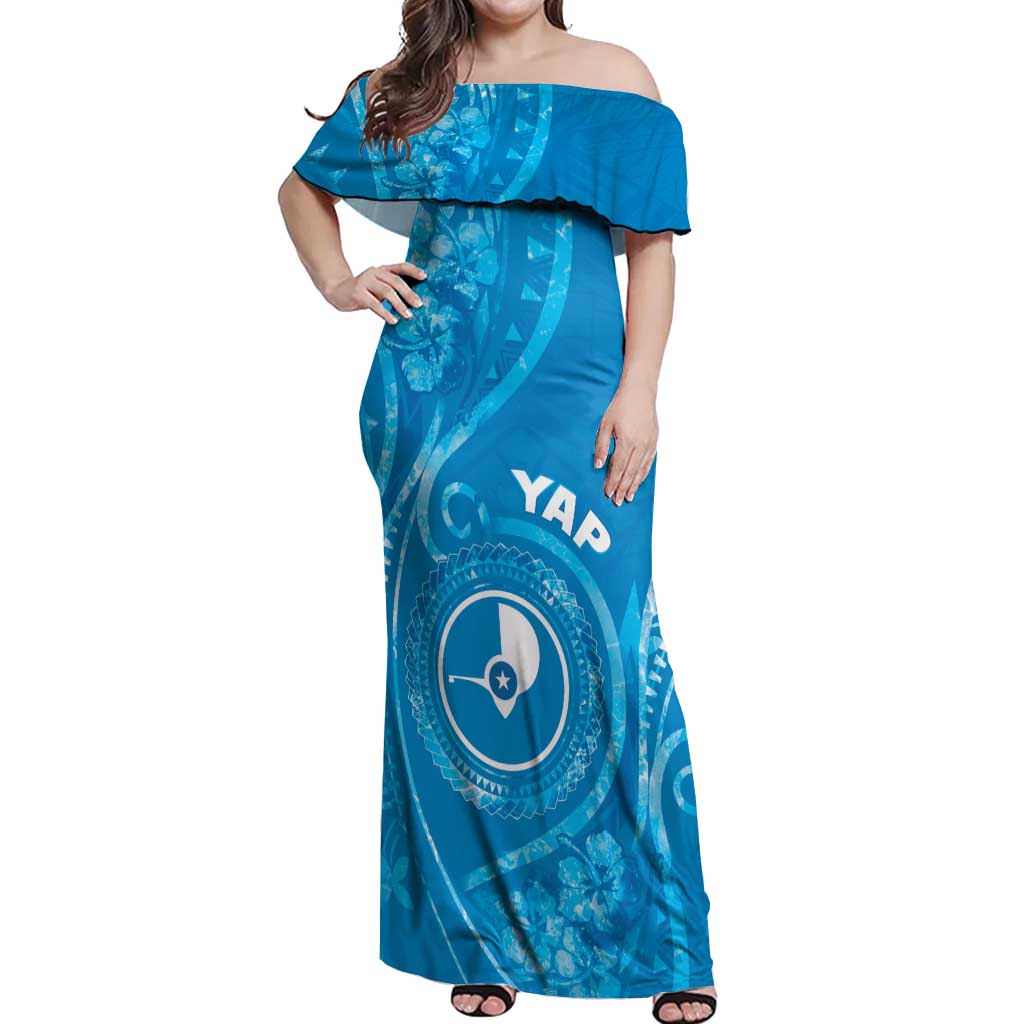 Personalised FSM Yap Off Shoulder Maxi Dress Ocean Floral Pattern LT05 Women Blue - Polynesian Pride