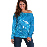 Personalised FSM Yap Off Shoulder Sweater Ocean Floral Pattern LT05 Women Blue - Polynesian Pride