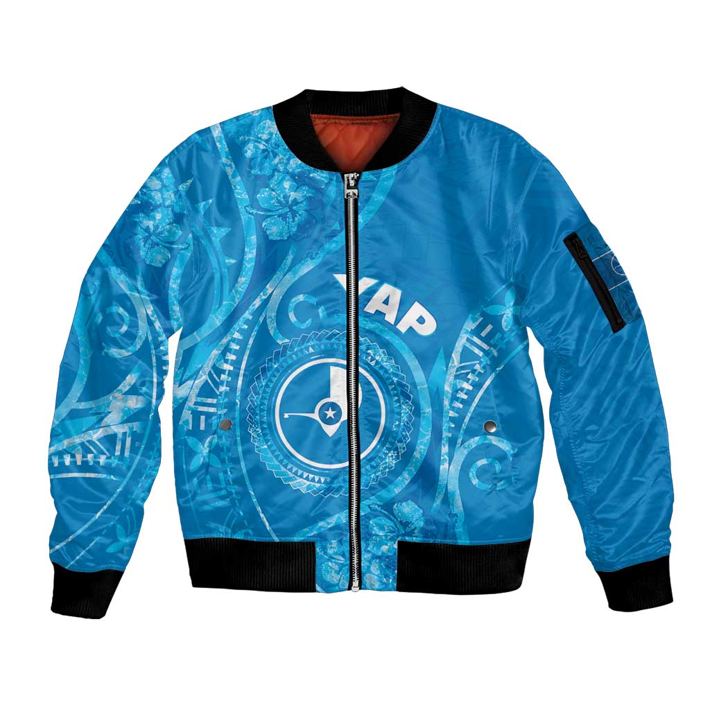 Personalised FSM Yap Sleeve Zip Bomber Jacket Ocean Floral Pattern LT05 Unisex Blue - Polynesian Pride