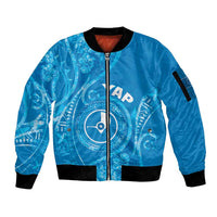 Personalised FSM Yap Sleeve Zip Bomber Jacket Ocean Floral Pattern LT05 Unisex Blue - Polynesian Pride