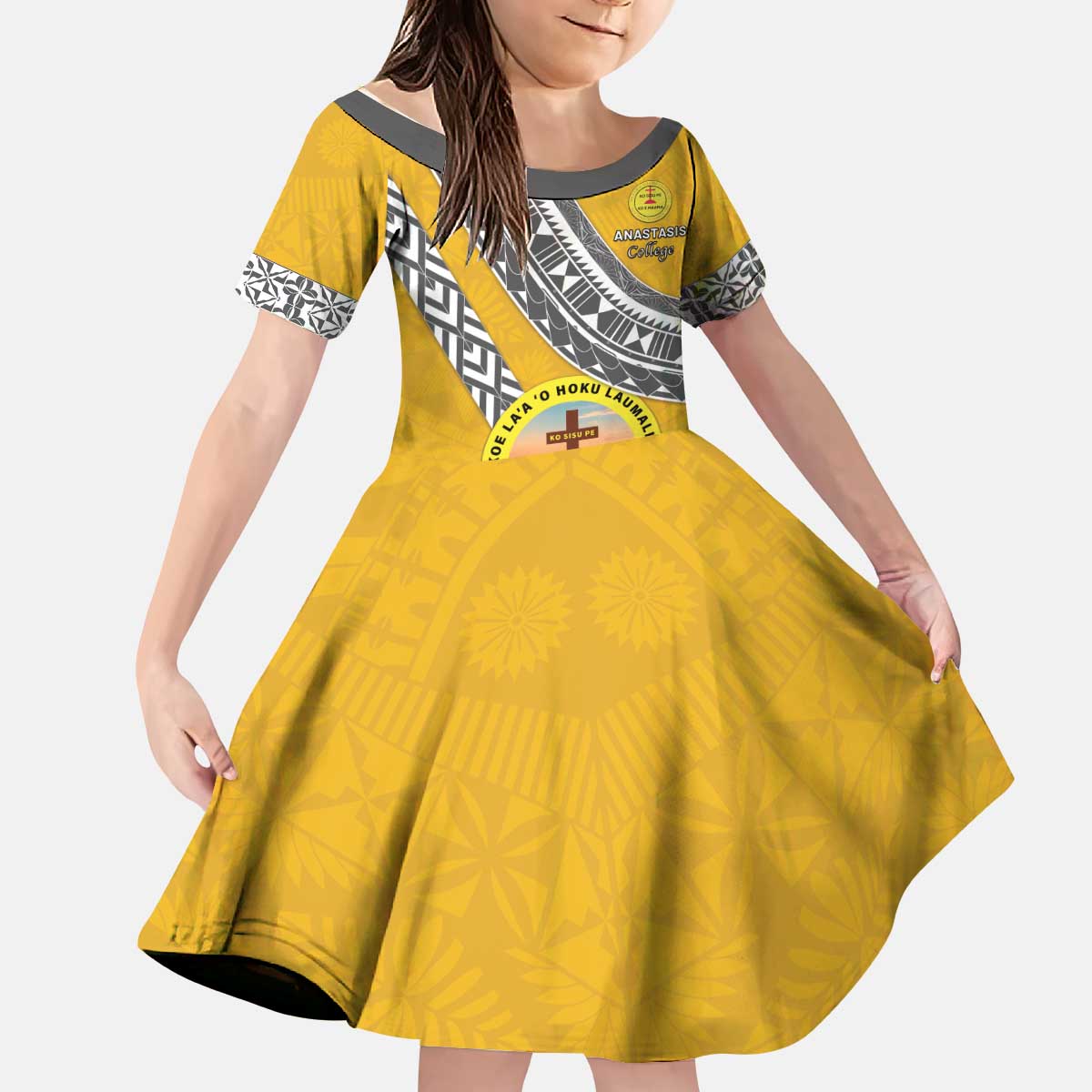 Personalised Anastasis College Kid Short Sleeve Dress Tonga Unique Style LT05 KID Yellow - Polynesian Pride
