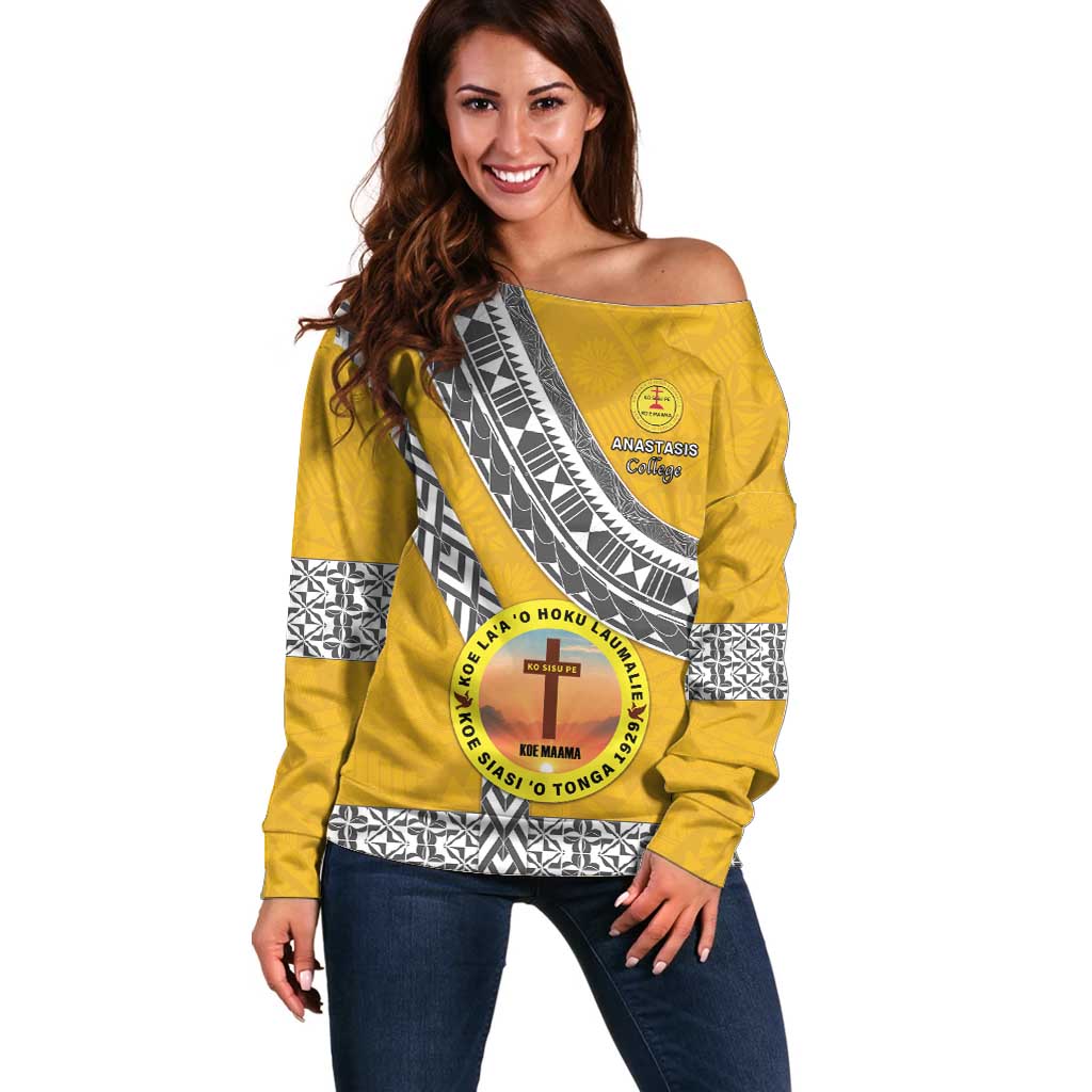 Personalised Anastasis College Off Shoulder Sweater Tonga Unique Style LT05 Women Yellow - Polynesian Pride