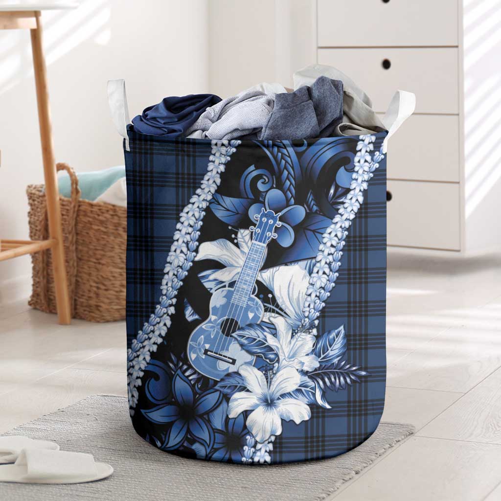 Hawaii Ukulele Laundry Basket Tropical Flowers With Palaka Effect Blue Version LT05 Blue - Polynesian Pride