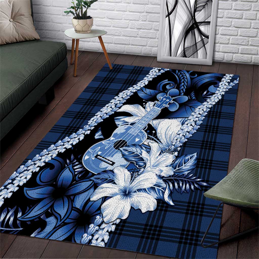 Hawaii Ukulele Area Rug Tropical Flowers With Palaka Effect Blue Version LT05 Blue - Polynesian Pride