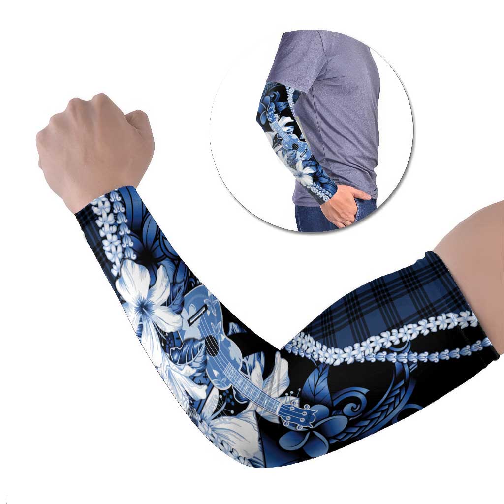 Hawaii Ukulele Arm Sleeves Tropical Flowers With Palaka Effect Blue Version LT05 Set of 2 Blue - Polynesian Pride