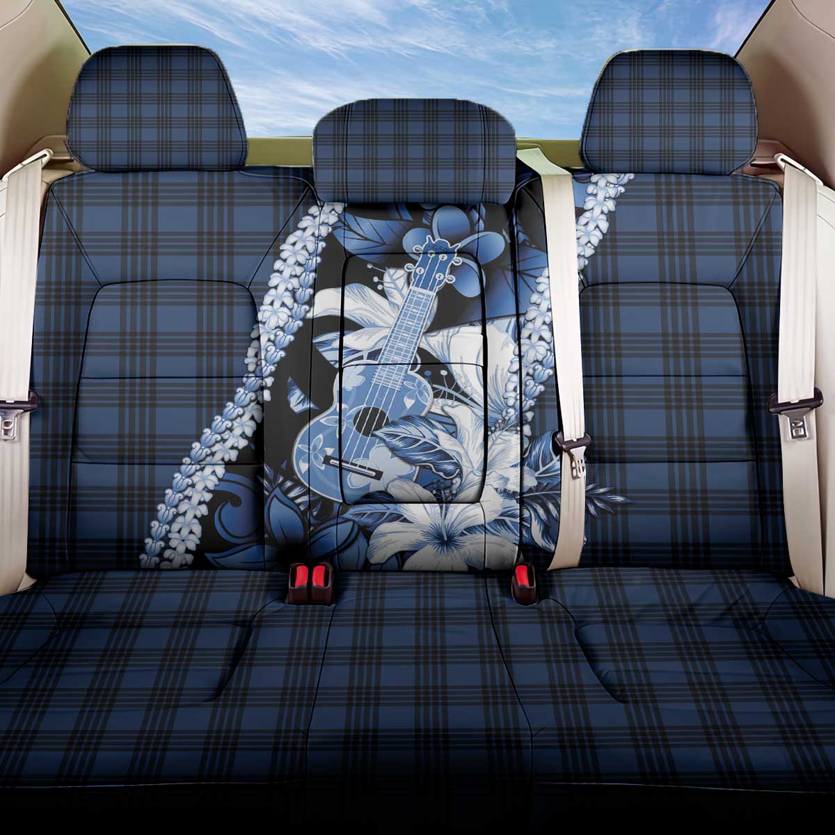 Hawaii Ukulele Back Car Seat Cover Tropical Flowers With Palaka Effect Blue Version LT05 One Size Blue - Polynesian Pride