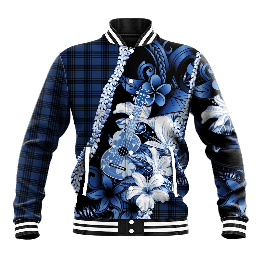 Hawaii Ukulele Baseball Jacket Tropical Flowers With Palaka Effect Blue Version LT05 Unisex Blue - Polynesian Pride