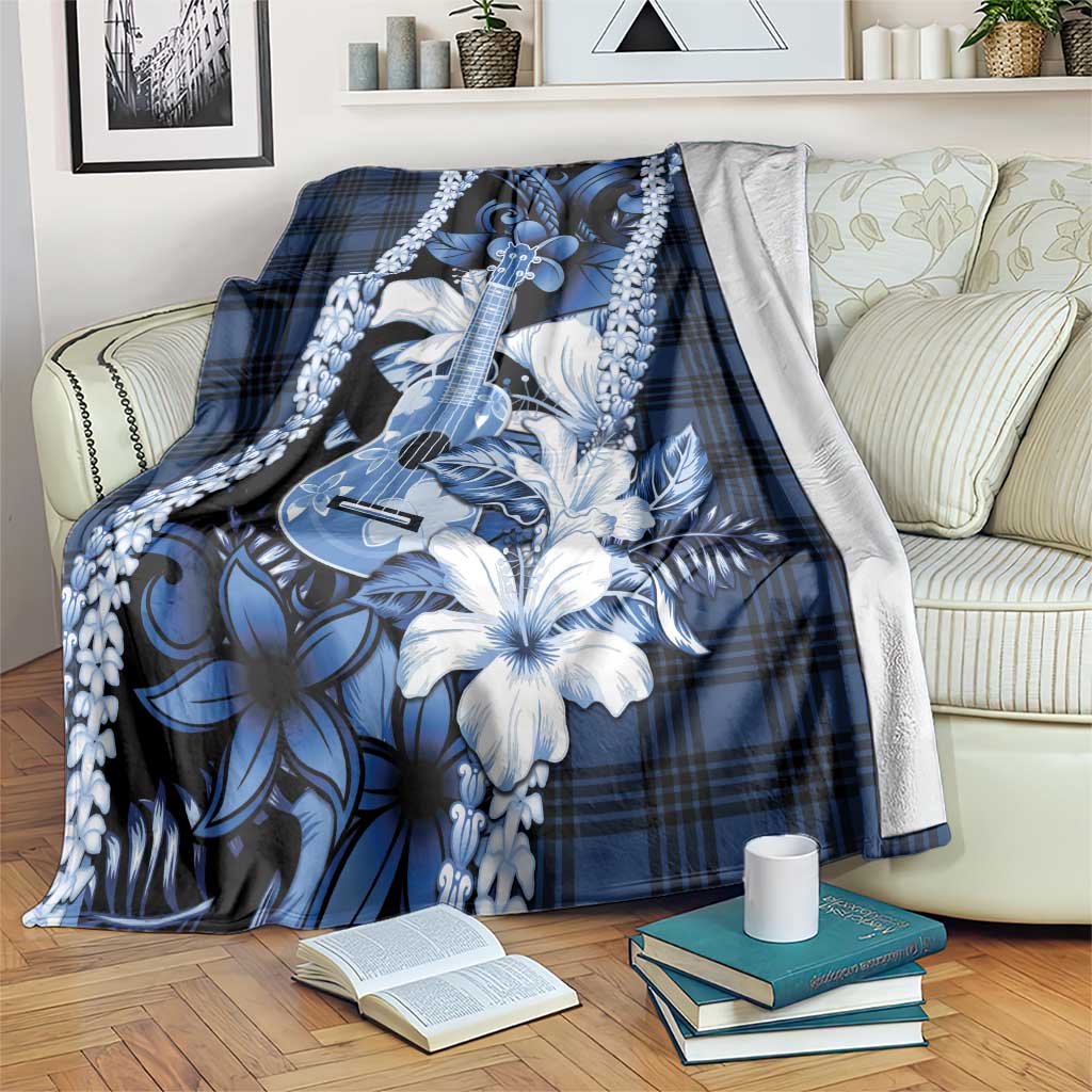 Hawaii Ukulele Blanket Tropical Flowers With Palaka Effect Blue Version LT05 Blue - Polynesian Pride