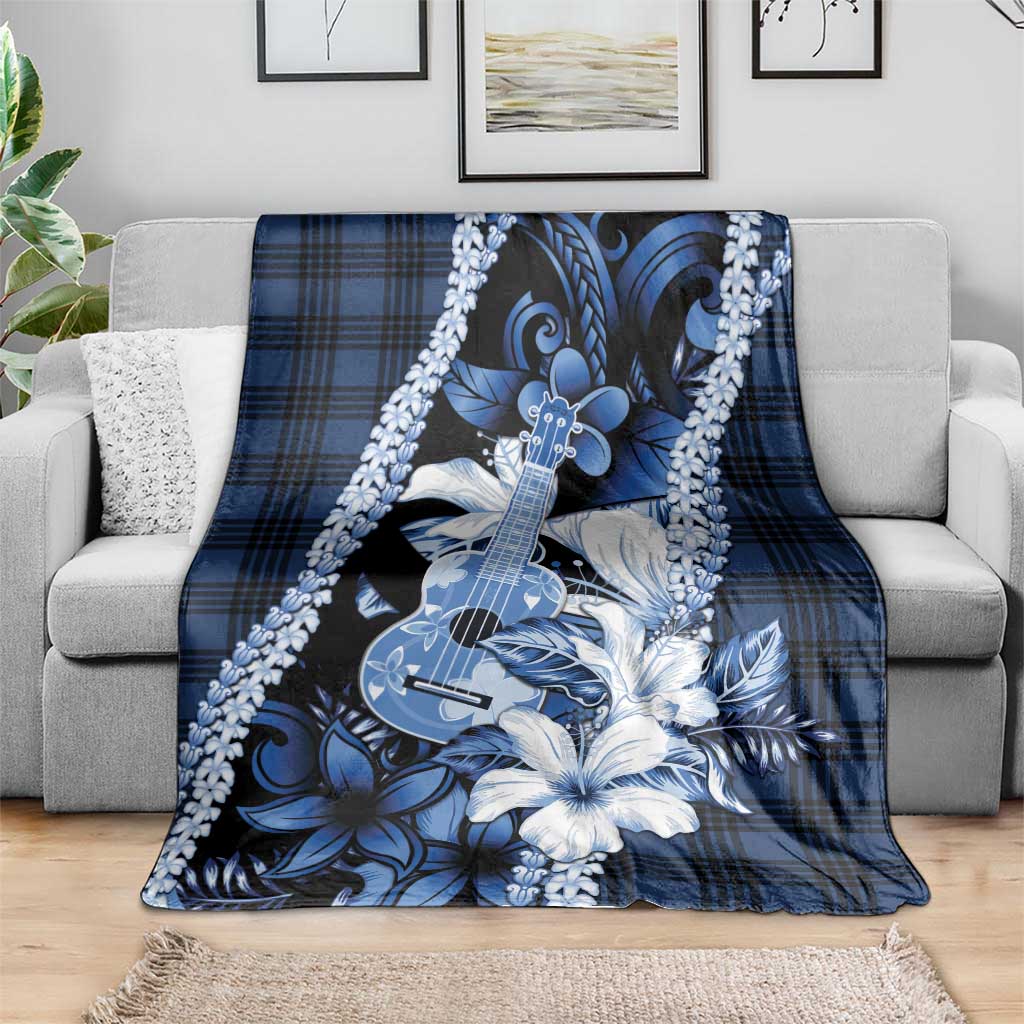 Hawaii Ukulele Blanket Tropical Flowers With Palaka Effect Blue Version LT05 - Polynesian Pride