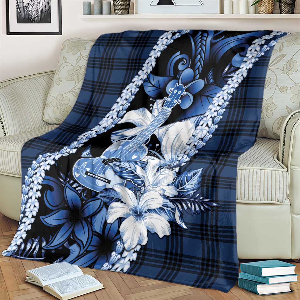 Hawaii Ukulele Blanket Tropical Flowers With Palaka Effect Blue Version LT05 - Polynesian Pride