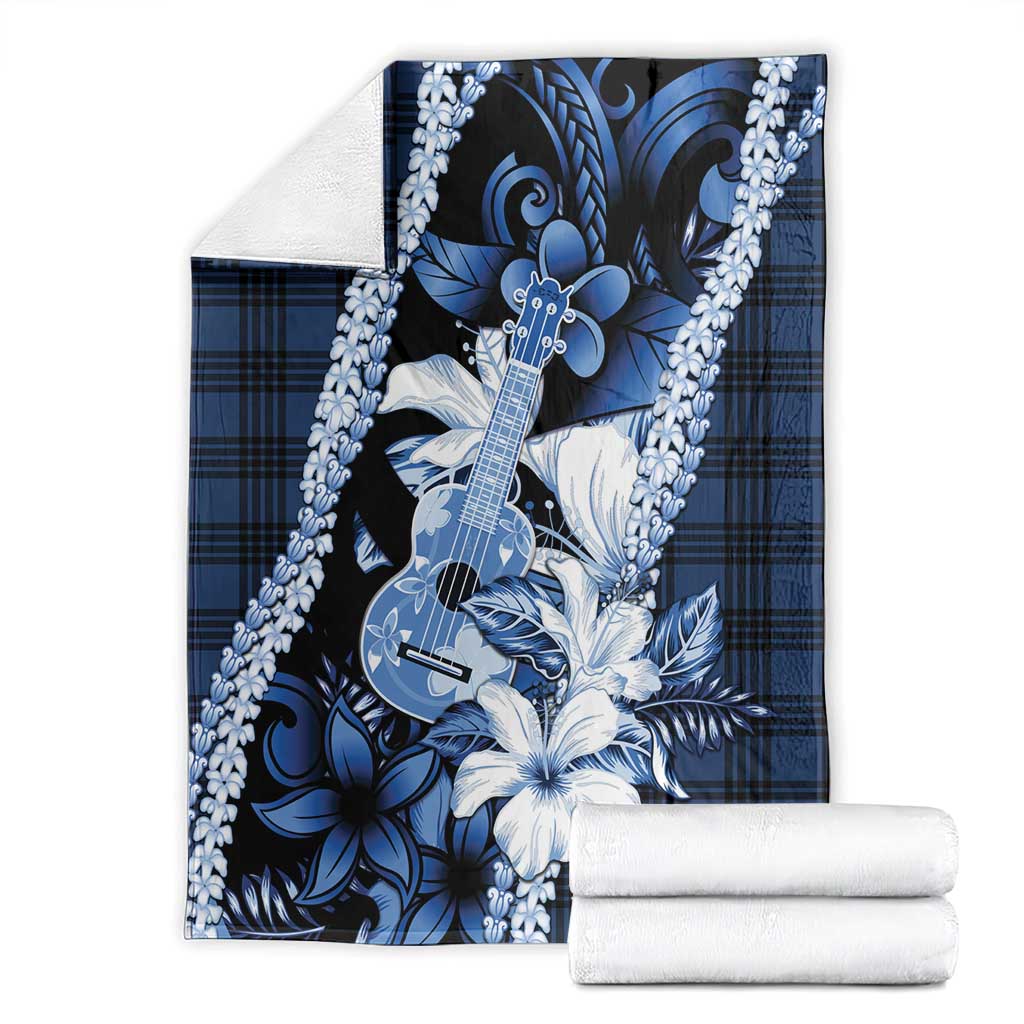Hawaii Ukulele Blanket Tropical Flowers With Palaka Effect Blue Version LT05 - Polynesian Pride