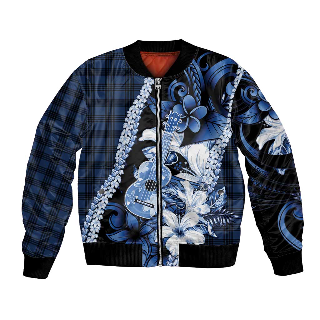 Hawaii Ukulele Bomber Jacket Tropical Flowers With Palaka Effect Blue Version LT05 Unisex Blue - Polynesian Pride