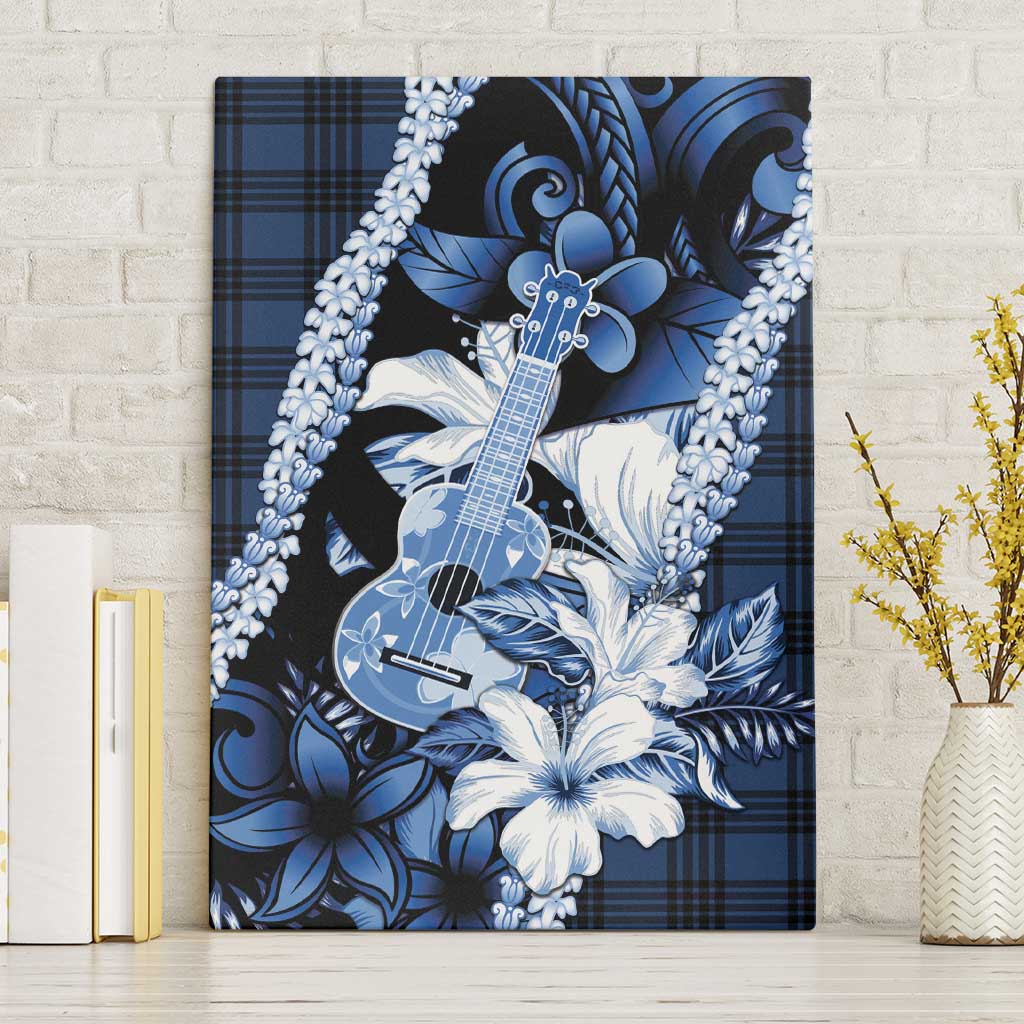 Hawaii Ukulele Canvas Wall Art Tropical Flowers With Palaka Effect Blue Version LT05 Without Frame Blue - Polynesian Pride