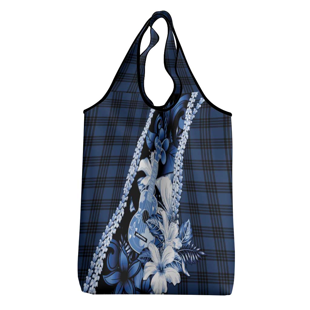 Hawaii Ukulele Grocery Bag Tropical Flowers With Palaka Effect Blue Version LT05 - Polynesian Pride