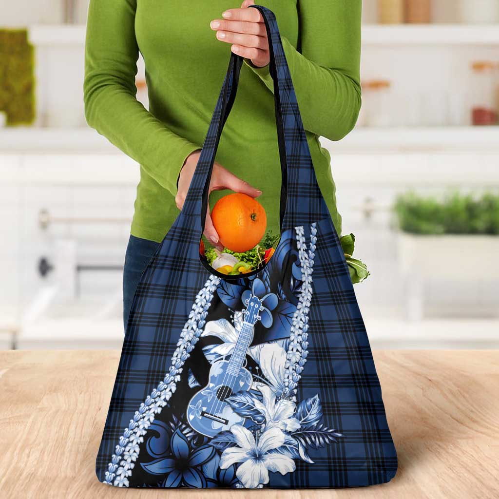 Hawaii Ukulele Grocery Bag Tropical Flowers With Palaka Effect Blue Version LT05 - Polynesian Pride