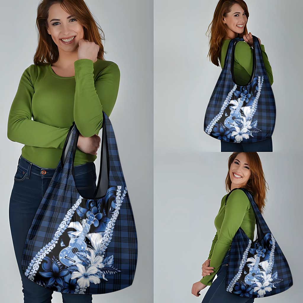 Hawaii Ukulele Grocery Bag Tropical Flowers With Palaka Effect Blue Version LT05 - Polynesian Pride
