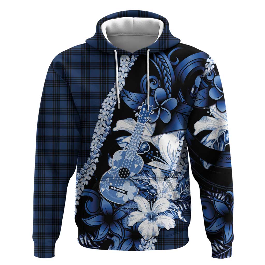 Hawaii Ukulele Hoodie Tropical Flowers With Palaka Effect Blue Version LT05 Pullover Hoodie Blue - Polynesian Pride