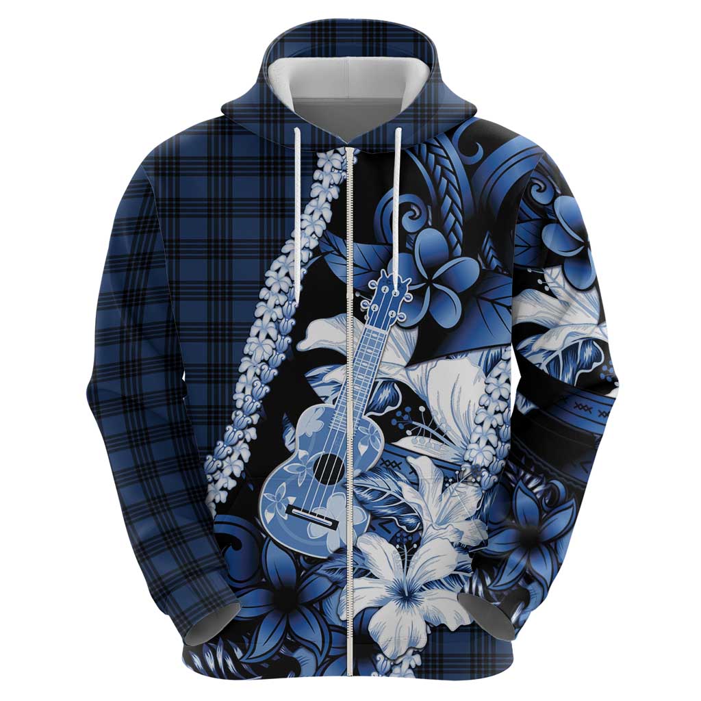 Hawaii Ukulele Hoodie Tropical Flowers With Palaka Effect Blue Version LT05 - Polynesian Pride