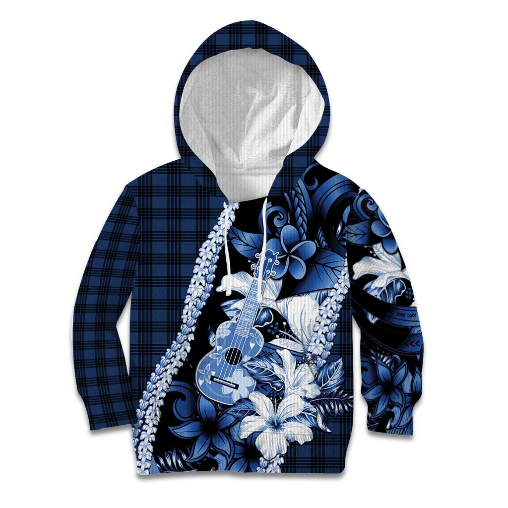 Hawaii Ukulele Kid Hoodie Tropical Flowers With Palaka Effect Blue Version LT05 Hoodie Blue - Polynesian Pride