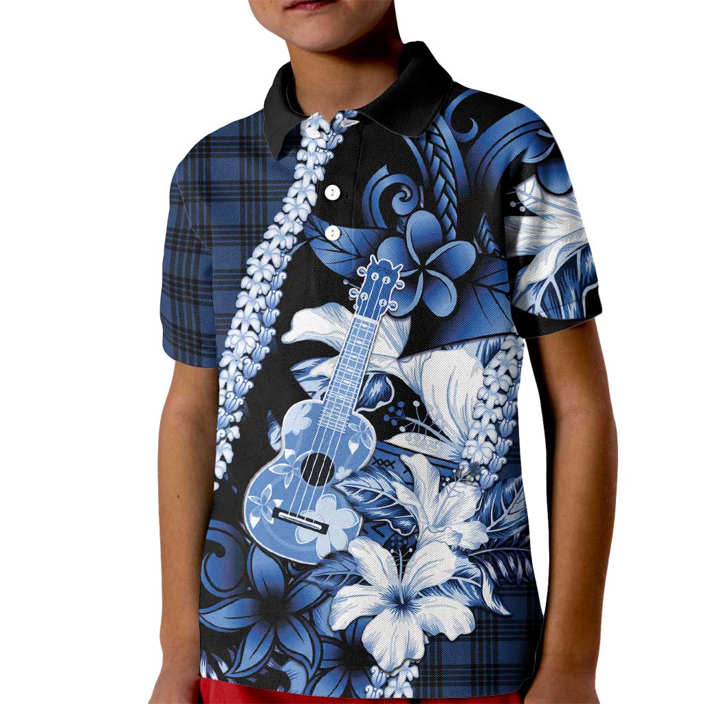 Hawaii Ukulele Kid Polo Shirt Tropical Flowers With Palaka Effect Blue Version LT05 Kid Blue - Polynesian Pride
