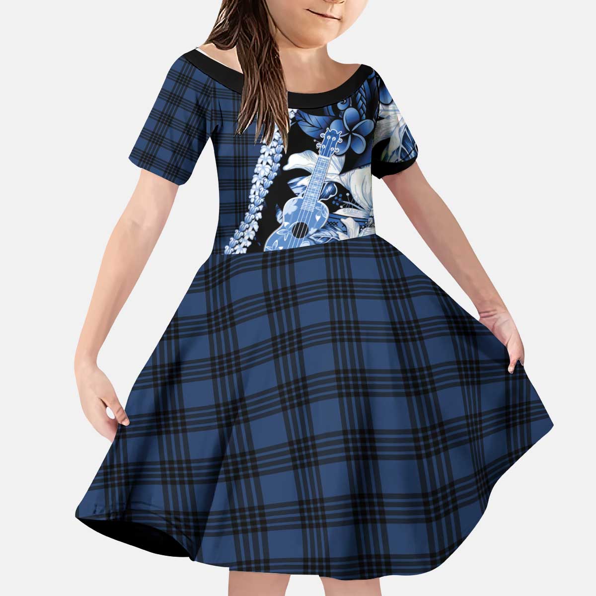 Hawaii Ukulele Kid Short Sleeve Dress Tropical Flowers With Palaka Effect Blue Version LT05 KID Blue - Polynesian Pride
