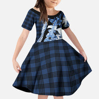 Hawaii Ukulele Kid Short Sleeve Dress Tropical Flowers With Palaka Effect Blue Version LT05 KID Blue - Polynesian Pride