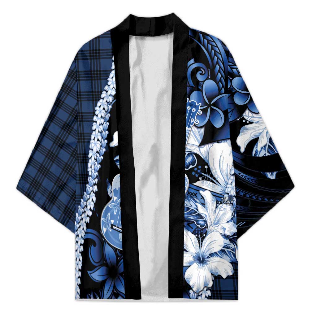 Hawaii Ukulele Kimono Tropical Flowers With Palaka Effect Blue Version LT05 Unisex Blue - Polynesian Pride