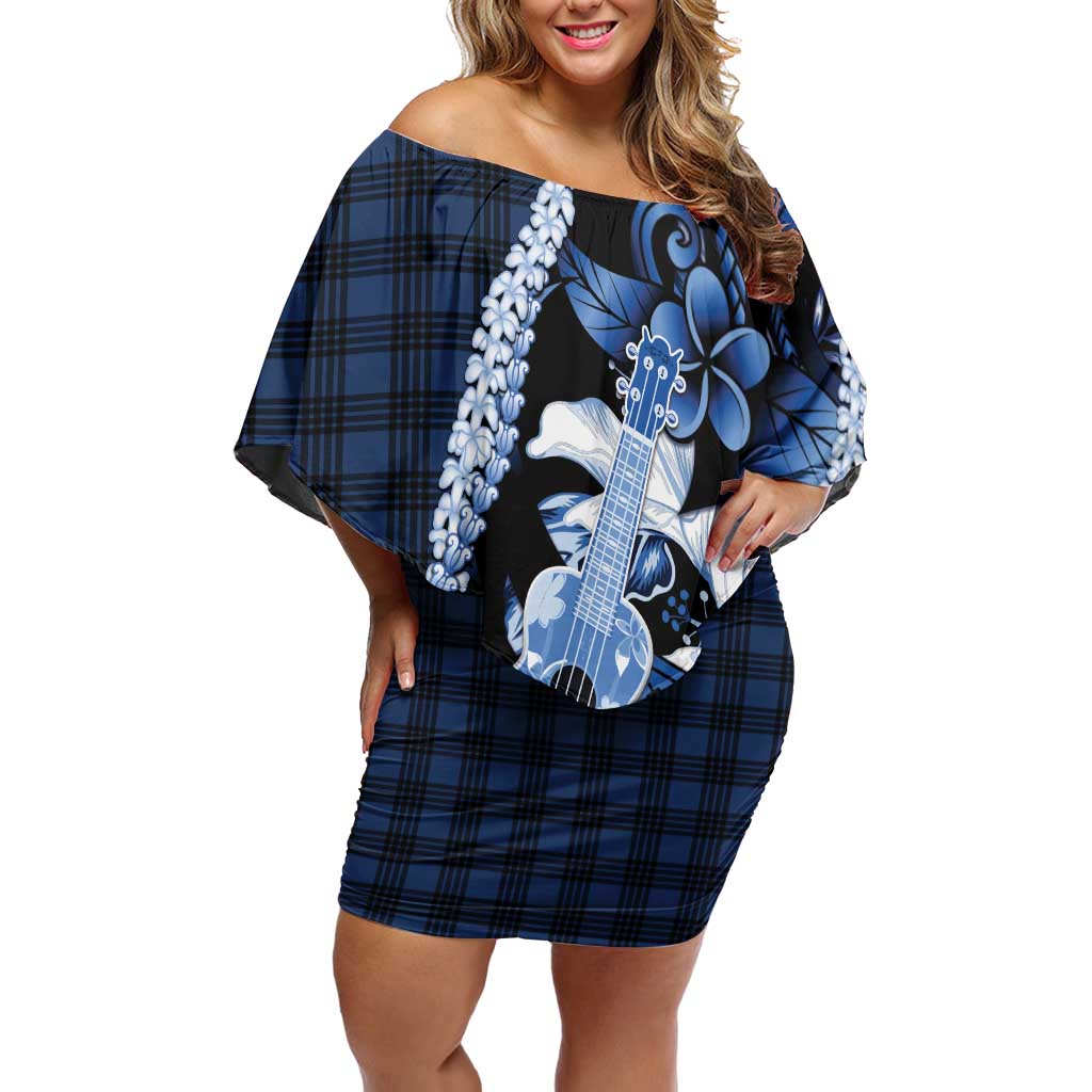 Hawaii Ukulele Off Shoulder Short Dress Tropical Flowers With Palaka Effect Blue Version LT05 Women Blue - Polynesian Pride