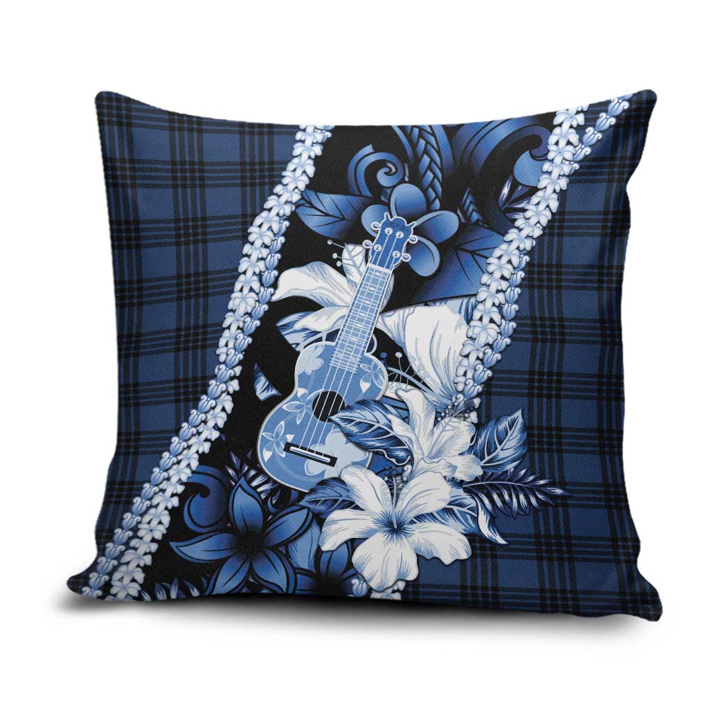 Hawaii Ukulele Pillow Cover Tropical Flowers With Palaka Effect Blue Version LT05 Blue - Polynesian Pride