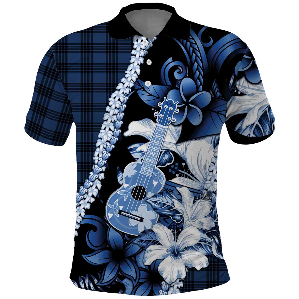 Hawaii Ukulele Polo Shirt Tropical Flowers With Palaka Effect Blue Version LT05 Blue - Polynesian Pride