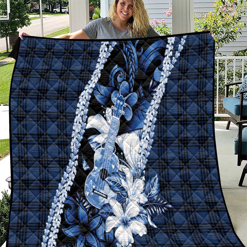 Hawaii Ukulele Quilt Tropical Flowers With Palaka Effect Blue Version LT05 Blue - Polynesian Pride