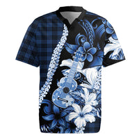 Hawaii Ukulele Rugby Jersey Tropical Flowers With Palaka Effect Blue Version LT05 Blue - Polynesian Pride