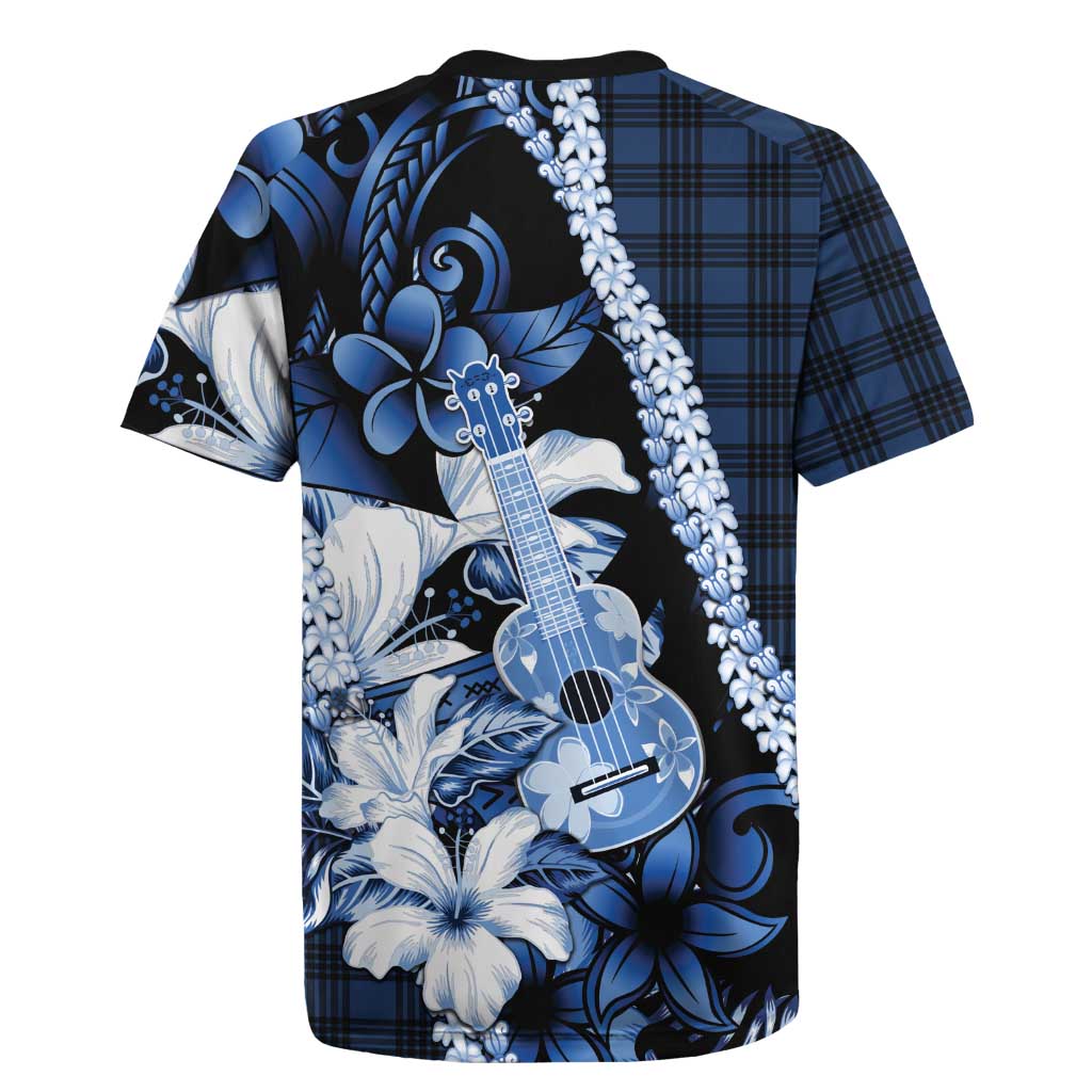 Hawaii Ukulele Rugby Jersey Tropical Flowers With Palaka Effect Blue Version LT05 - Polynesian Pride