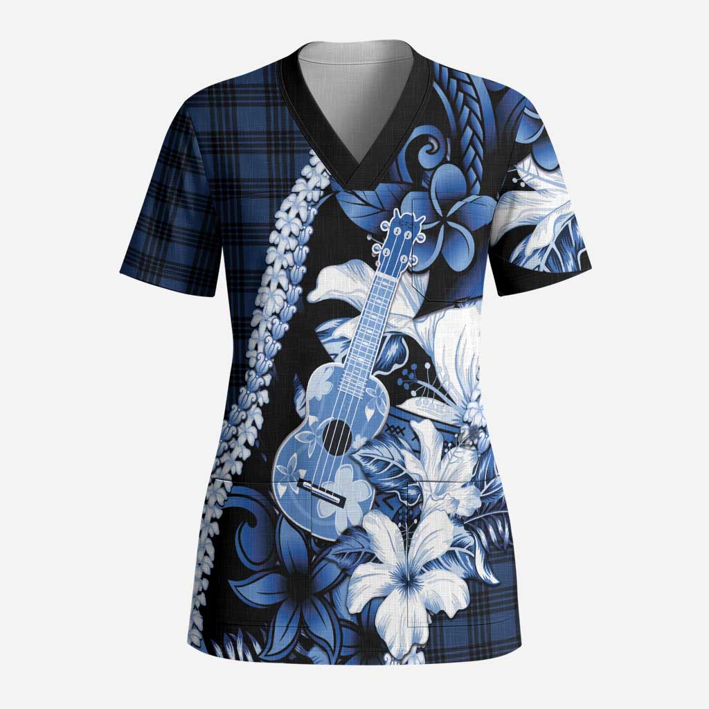 Hawaii Ukulele Scrub Top Tropical Flowers With Palaka Effect Blue Version LT05 Adult Blue - Polynesian Pride