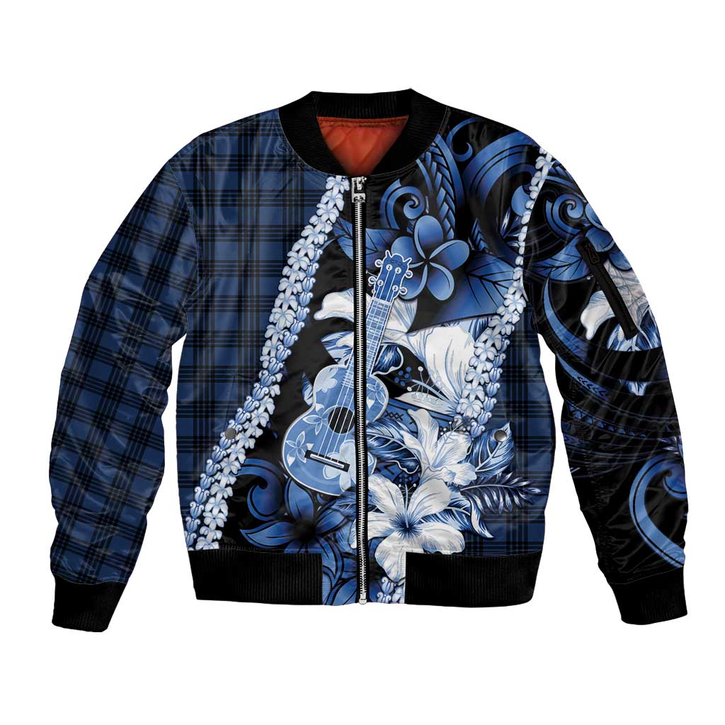Hawaii Ukulele Sleeve Zip Bomber Jacket Tropical Flowers With Palaka Effect Blue Version LT05 Unisex Blue - Polynesian Pride