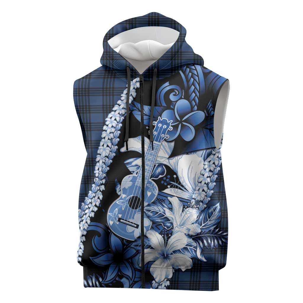 Hawaii Ukulele Sleeveless Zip Hoodie Tropical Flowers With Palaka Effect Blue Version LT05 Blue - Polynesian Pride