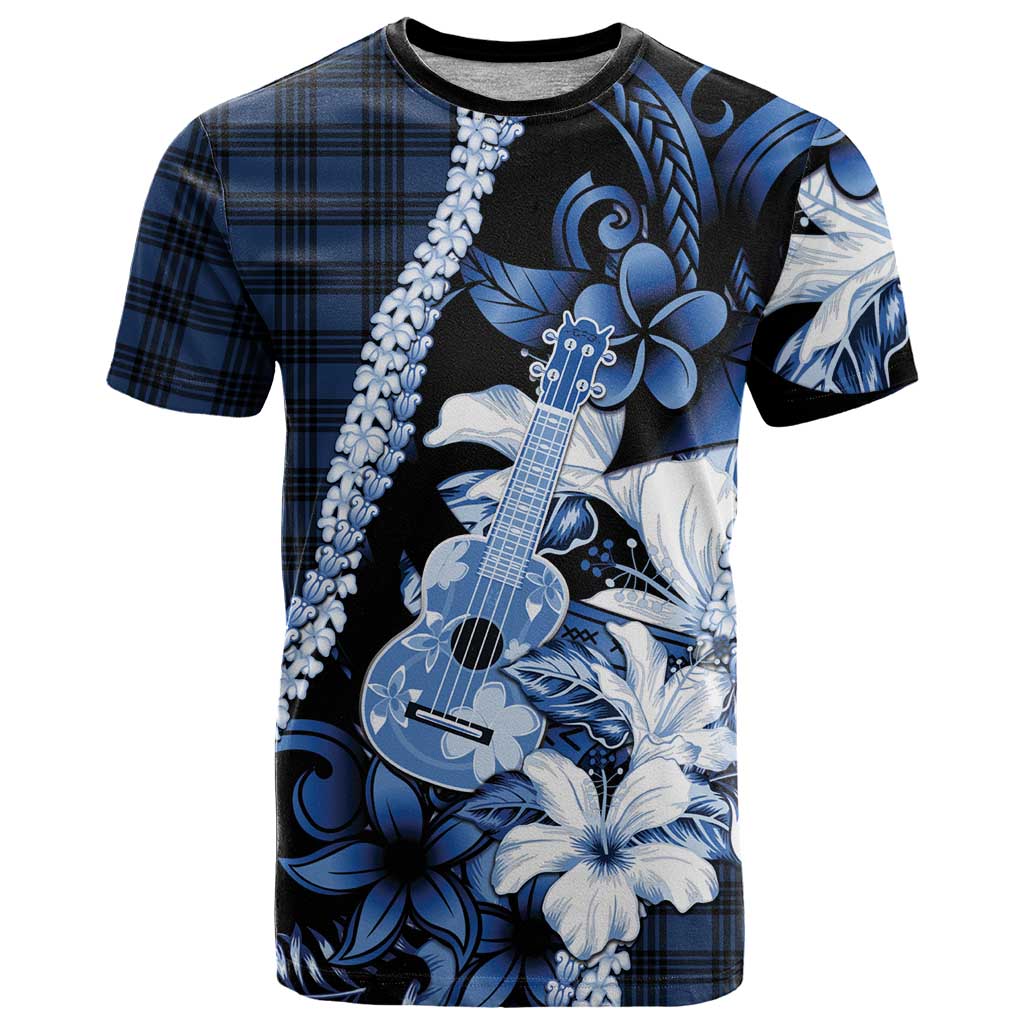 Hawaii Ukulele T Shirt Tropical Flowers With Palaka Effect Blue Version LT05 Blue - Polynesian Pride