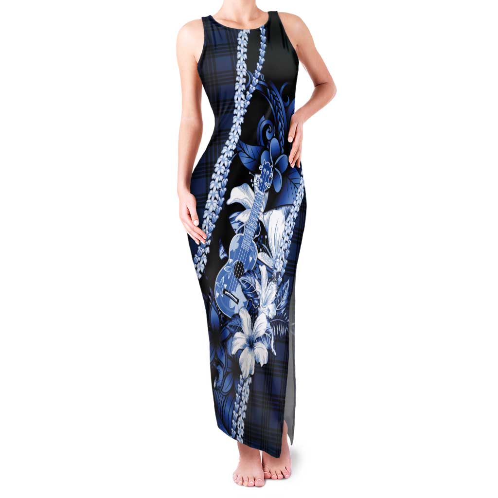 Hawaii Ukulele Tank Maxi Dress Tropical Flowers With Palaka Effect Blue Version LT05 Women Blue - Polynesian Pride