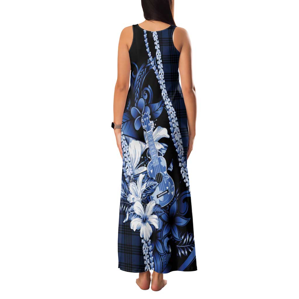 Hawaii Ukulele Tank Maxi Dress Tropical Flowers With Palaka Effect Blue Version LT05 - Polynesian Pride