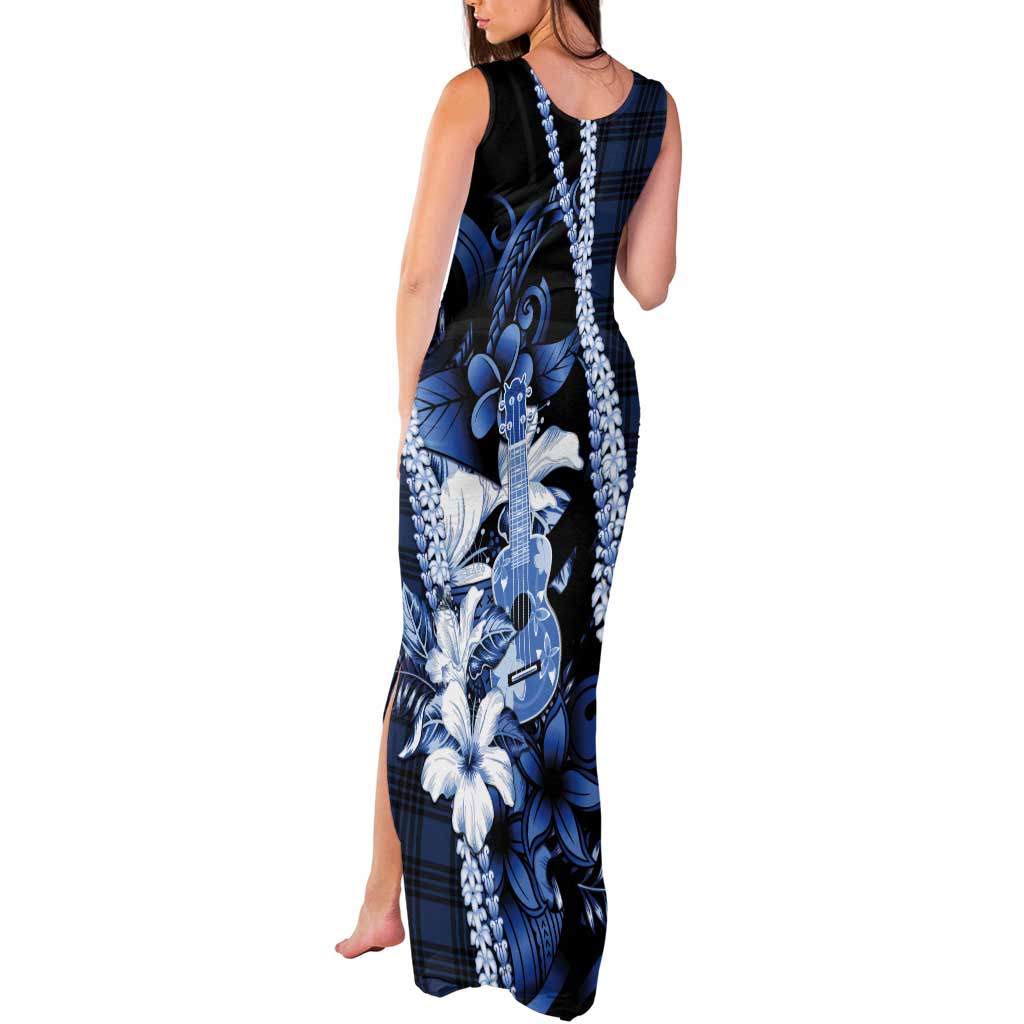 Hawaii Ukulele Tank Maxi Dress Tropical Flowers With Palaka Effect Blue Version LT05 - Polynesian Pride